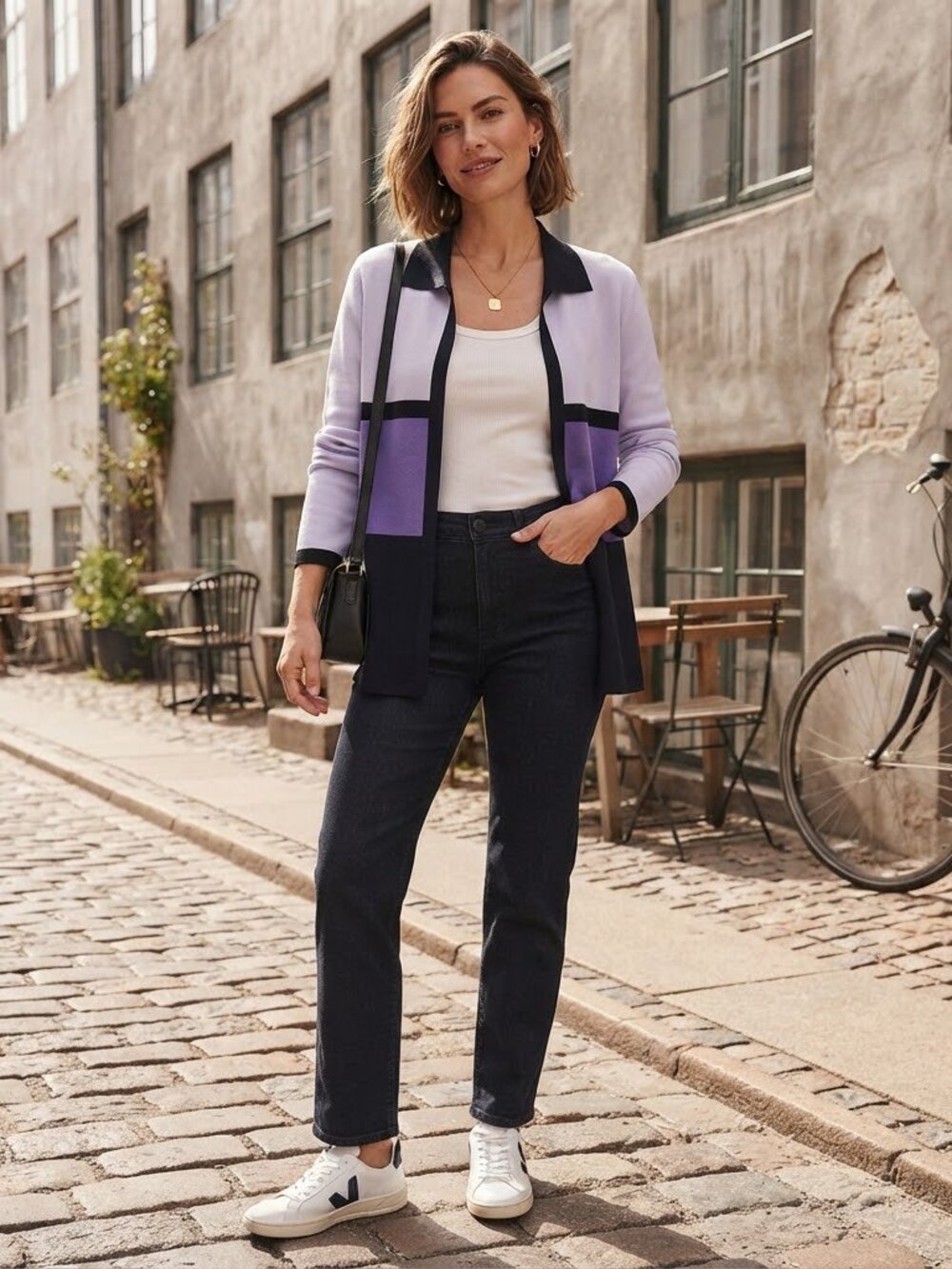 Exclusively Misook Colorblock Knit Collared Cardigan Jacket Purple Black XL